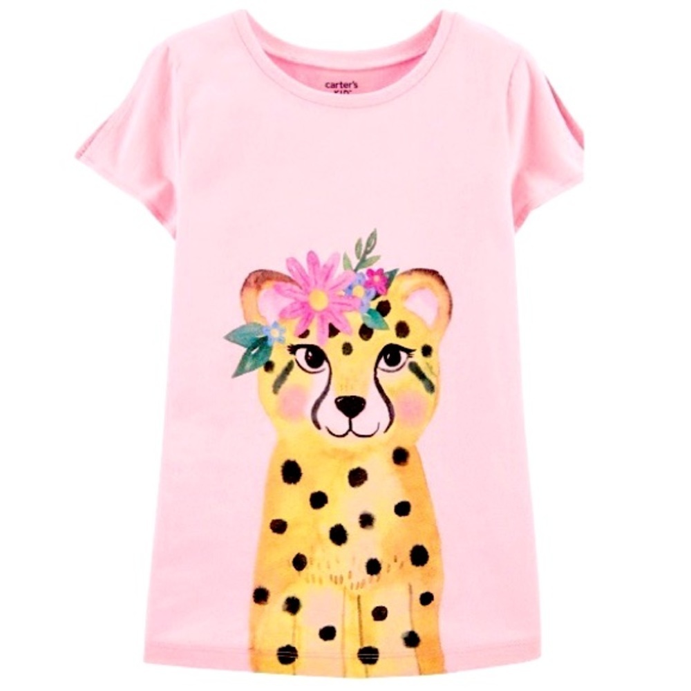 Carter's Toddler Girls 3t Leopard Animal Graphic Tee Split Shoulder Pink Tee